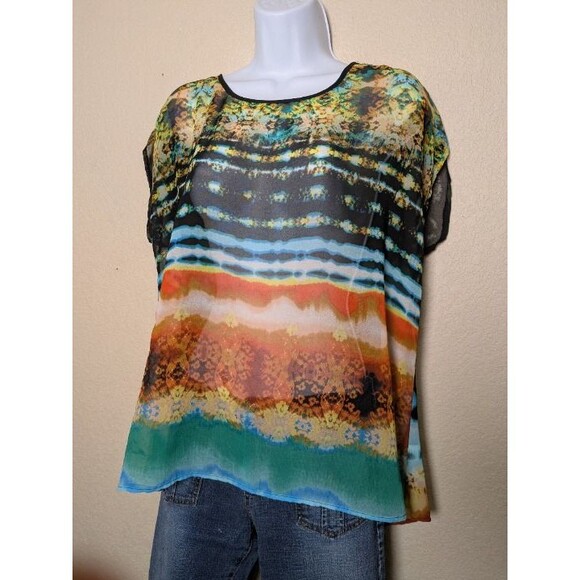 Colorful Abstract Sheer Blouse Size PXL Made in USA Festival Artsy Retro Flowy - Picture 10 of 10